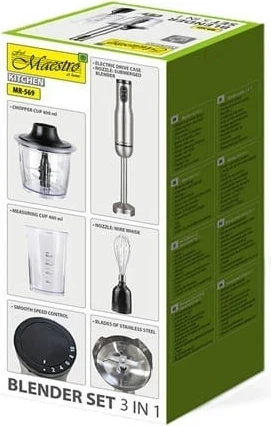 Ročni blender, set 3-v-1 Maestro MR-569, 1000 W, 0,8 L, srebrn