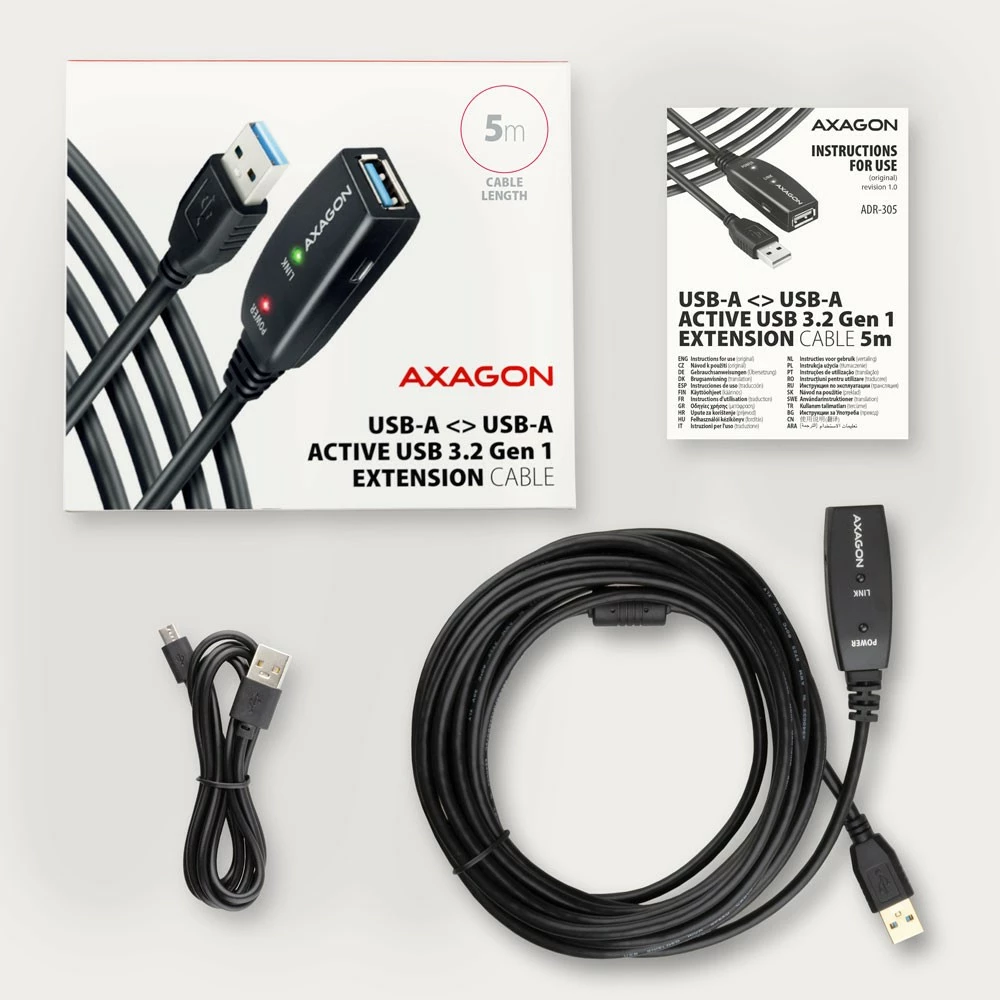 Aktivni podaljšek USB 3.2 Gen 1 AXAGON ADR-305, 5 m, črn Aktivni podaljšek USB 3.2 Gen 1 AXAGON ADR-305, 5 m, črn