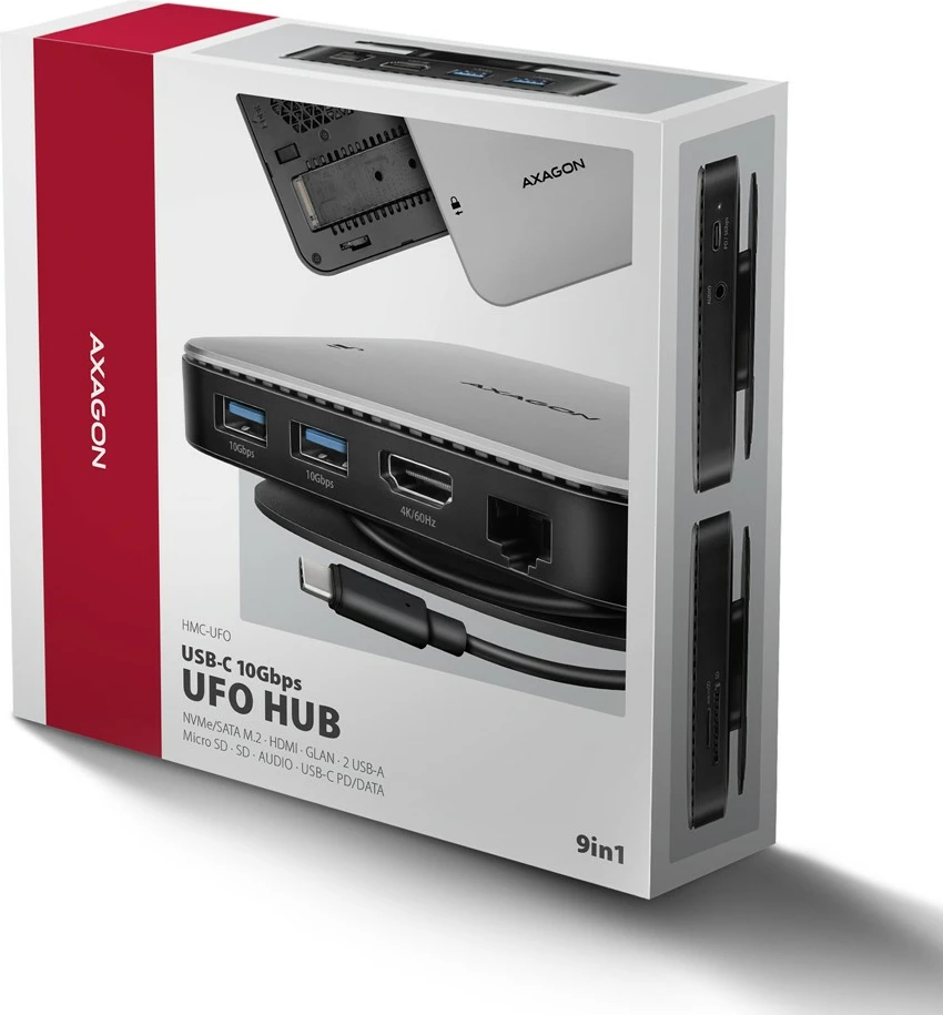 Multiportni USB-C hub, AXAGON HMC-UFO, 9-v-1, 10Gbps, 2x USB-A, HDMI 4K/60Hz, M.2 NVMe/SATA, avdio, PD 100W, SD/microSD, Gigabit Ethernet (RJ-45), 65 cm USB-C kabel, črn/srebrn Multiportni USB-C hub, AXAGON HMC-UFO, 9-v-1, 10Gbps, 2x USB-A, HDMI 4K/60Hz, M.2 NVMe/SATA, avdio, PD 100W, SD/microSD, Gigabit Ethernet (RJ-45), 65 cm USB-C kabel, črn/srebrn
