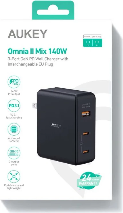 Stenski polnilec 140W z 3 vrati (2× USB-C, 1× USB-A) AUKEY PA-B70 Omnia II, črn, z mednarodnimi adapterji