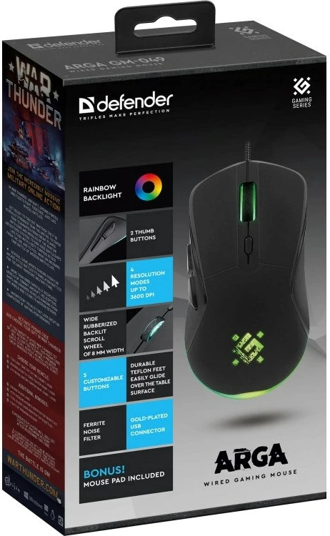 Optični igralni miš 3600 DPI, Defender GM-049 Arga, črn