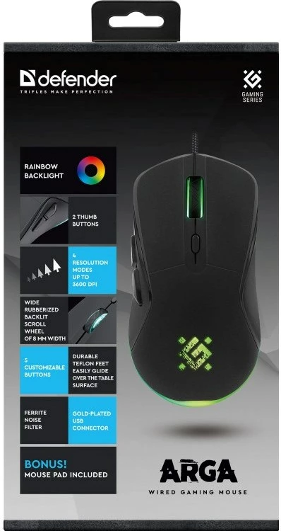 Optični igralni miš 3600 DPI, Defender GM-049 Arga, črn