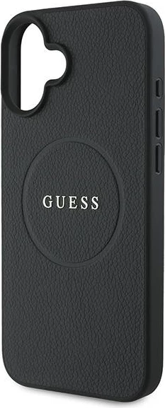 Zaščitni ovitek z zlatim logotipom Guess Grained Gold Ring MagSafe za iPhone 16 Plus, črn