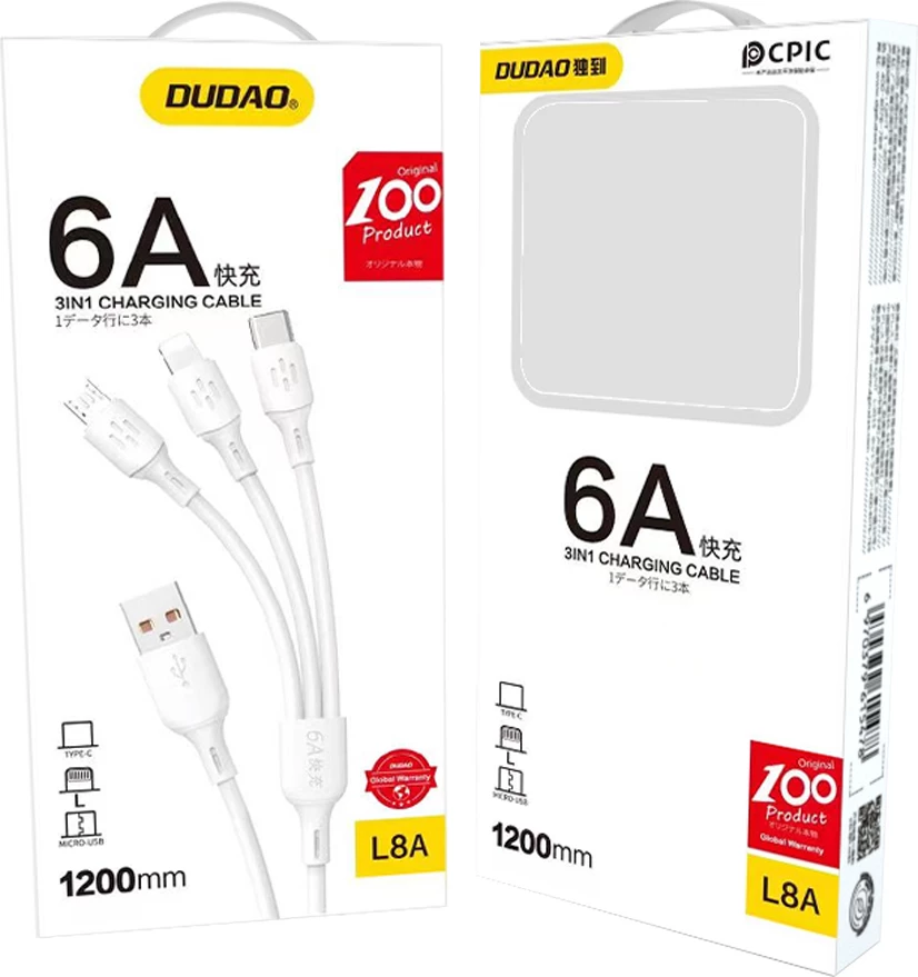 3-v-1 USB kabel Dudao L8AW, 1,2 m, 6A, bel
