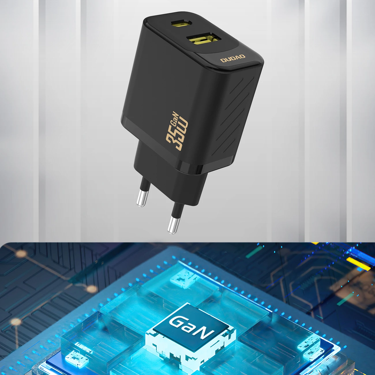Stenski polnilec GaN, Dudao A27 Max, 35 W, 2 vhoda (USB-C + USB-A), PD, EU vtič, brez kabla, črn