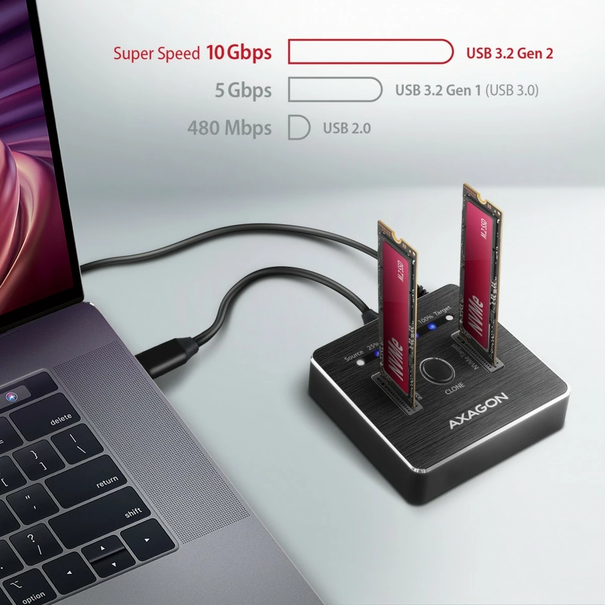 Dokacijska postaja za 2x NVMe M.2 SSD, USB-C 3.2 Gen 2, črna, AXAGON ADSA-M2C Dokacijska postaja za 2x NVMe M.2 SSD, USB-C 3.2 Gen 2, črna, AXAGON ADSA-M2C