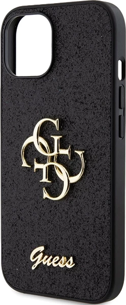 Ovitek za telefon s bleščicami, Guess Glitter Script Big 4G za iPhone 15, črn