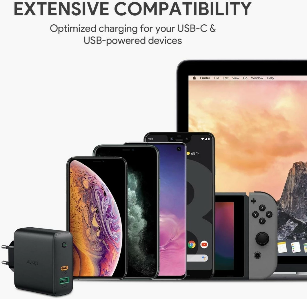 Stenski polnilec AUKEY PA-D3, 60 W, 2x USB (USB-C + USB 3.0), črn