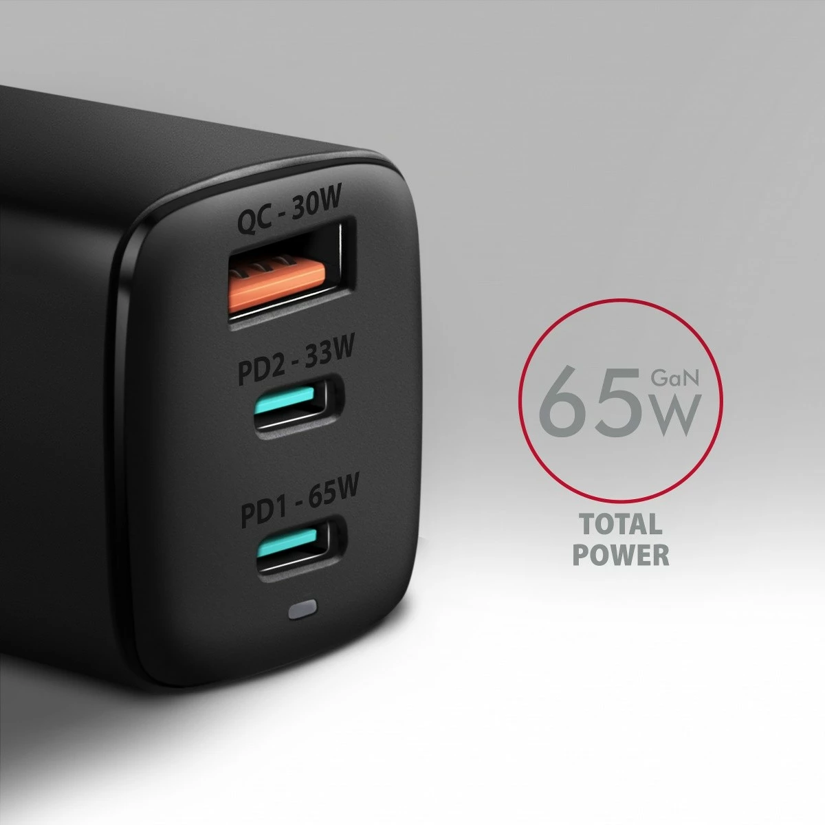 GaN polnilec AXAGON ACU-DPQ65, 65W, 3 vhodi (USB-A + 2× USB-C), črn GaN polnilec AXAGON ACU-DPQ65, 65W, 3 vhodi (USB-A + 2× USB-C), črn