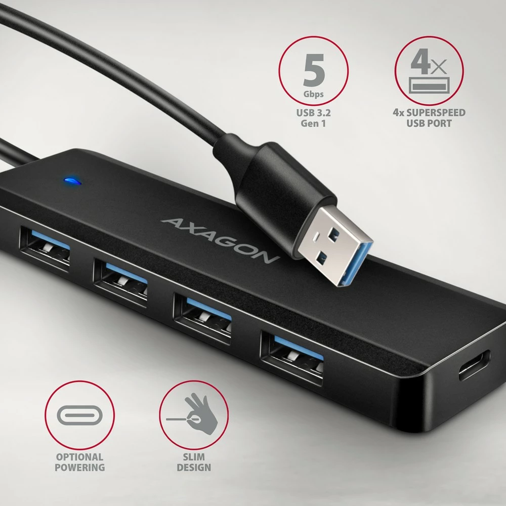 Razdelilec USB, AXAGON HUE-C1A, 4 vrata USB 5Gbps, USB-C napajanje, 19 cm kabel, črn Razdelilec USB, AXAGON HUE-C1A, 4 vrata USB 5Gbps, USB-C napajanje, 19 cm kabel, črn