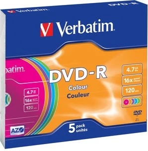 DVD-R 4,7 GB, 16x, 5 kosov, različne barve Verbatim 43557