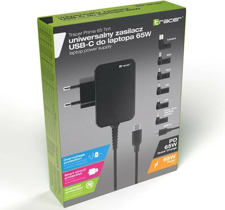 Univerzalni napajalnik 65W 7-v-1 z USB-C in 6 zamenljivimi konektorji, Tracer Prime, črn