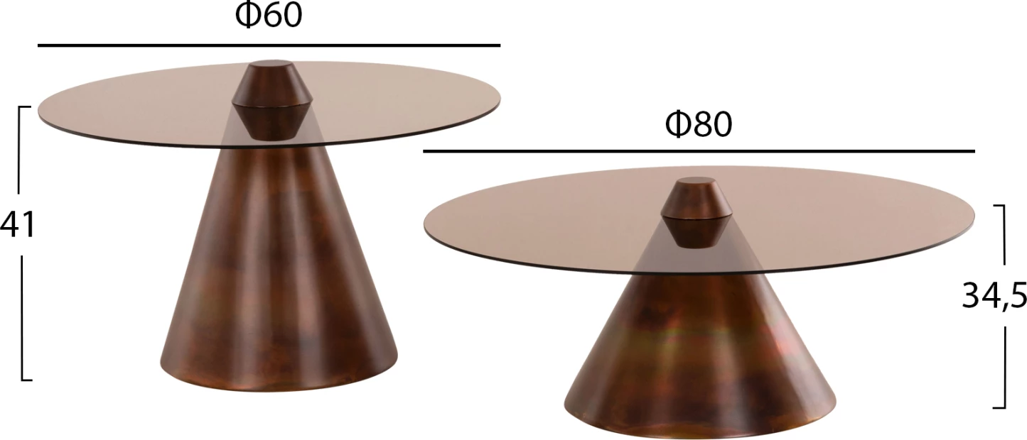Klubske mizice 2 kosa REBEN FH9676 kovina v barvi žganega bakra-dimljeno steklo Φ80 & Φ60 cm