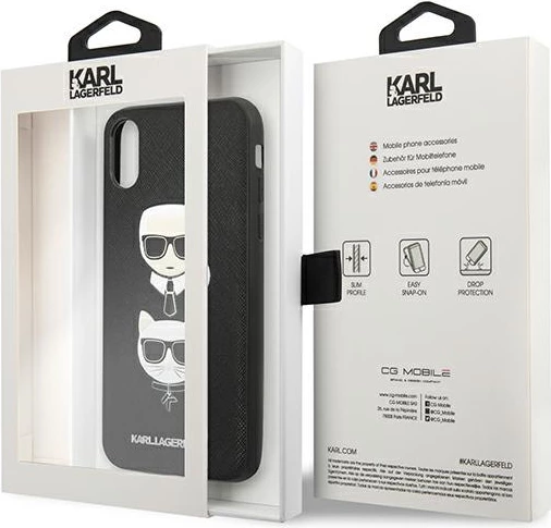 Elegantna zaščitna prevleka za iPhone XS Max, Karl Lagerfeld Saffiano Karl&Choupette Head, črna