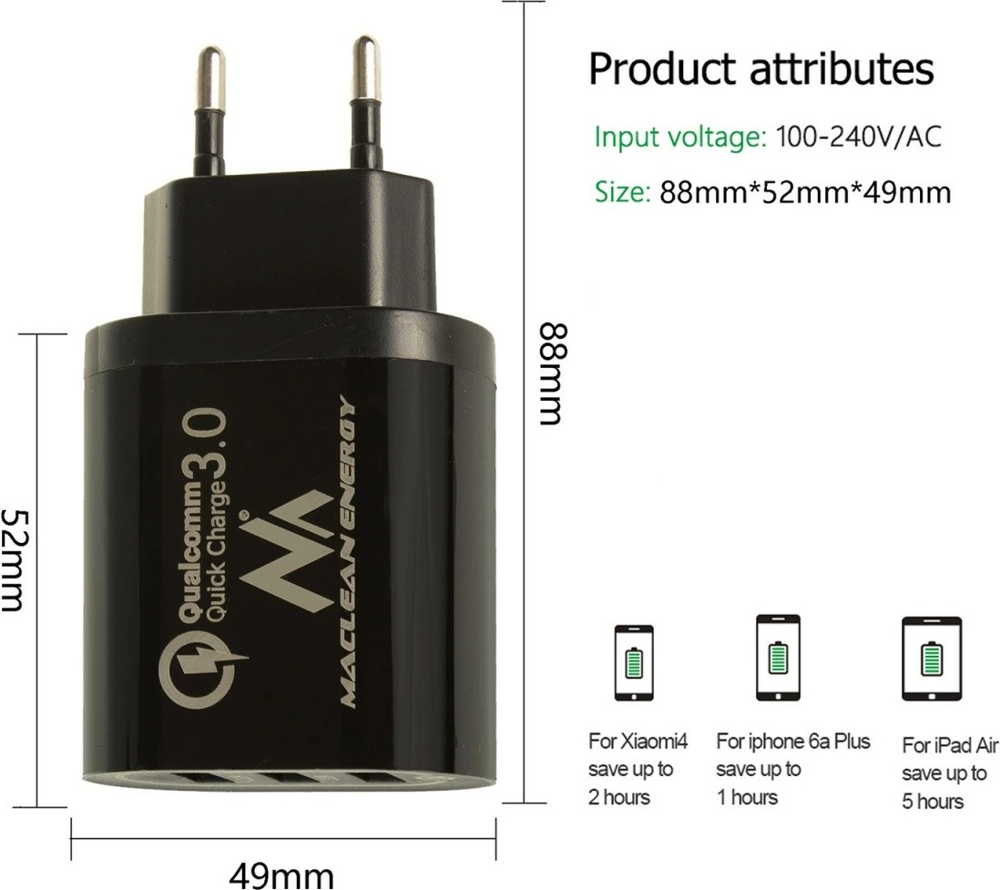 Polnilec za vtičnico Maclean MCE479B, 3×USB, Quick Charge 3.0, črn