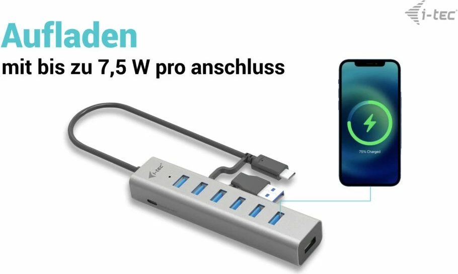 USB razdelilec I-Tec, 7 vrat USB 3.2 Gen 1, 5000 Mbit/s, kovinski, 0,3 m, siv