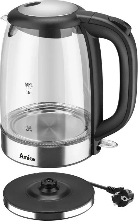 Električni grelnik vode iz borosilikatnega stekla Amica Glass Kettle KD2050G, 1,7 L, črno/prosojen