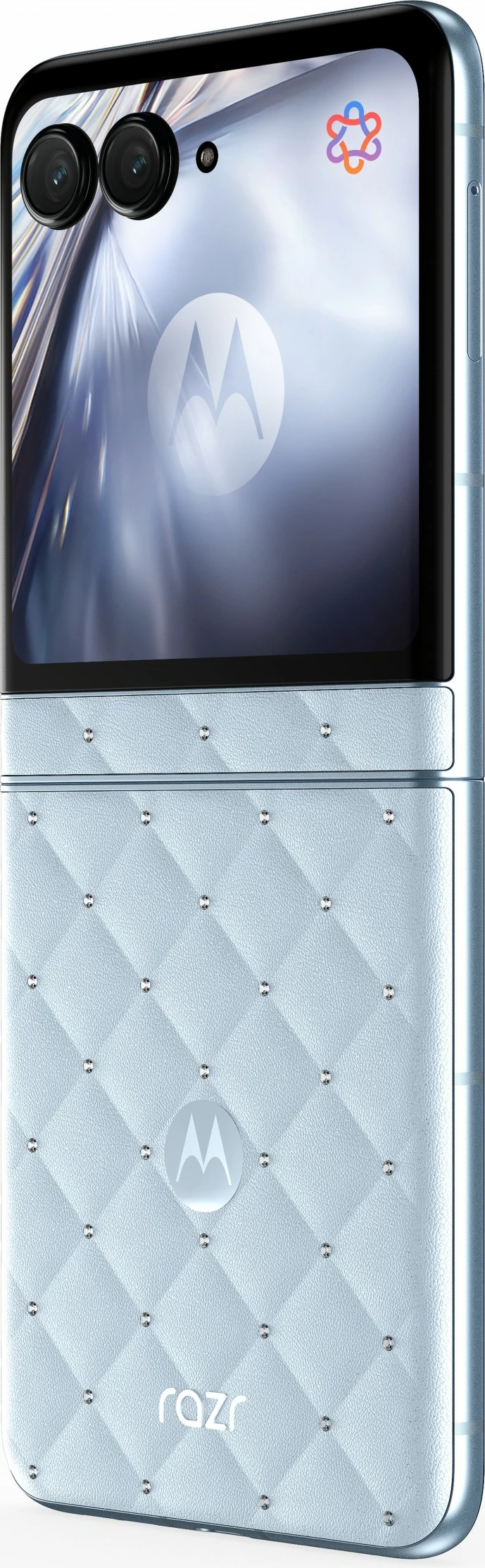 Zložljiv pametni telefon z luksuznim Swarovski dizajnom Motorola razr60 + slušalke Buds Loop, Swarovski Edition, moder