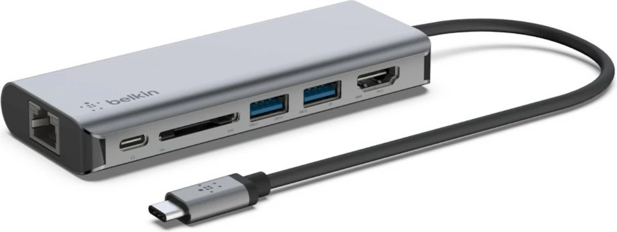 Večvratni adapter Belkin AVC008BTSGY, USB-C, 100W, HDMI, RJ-45, SD, 2x USB-A, 1x USB-C, črno/siv