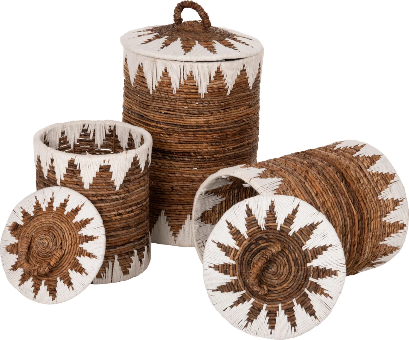 Okrogli košari s pokrovom 3 kosi FH4306 iz rogoza v naravni-beli barvi Φ42x63Hcm
