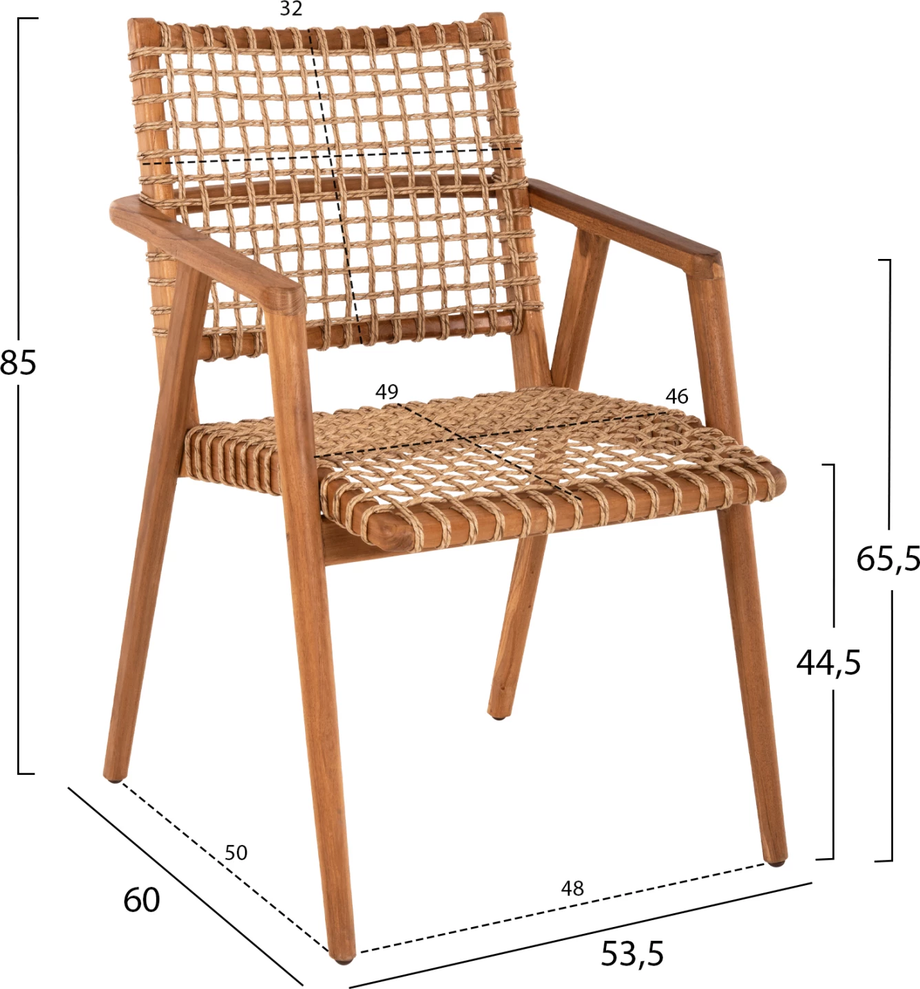 VAYA naslanjač iz tikovine in sintetične vrvi v naravni barvi 54x59x84Hcm
