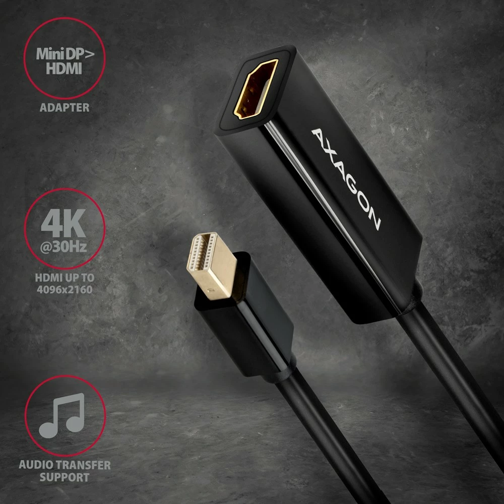 Aktivni adapter Mini DisplayPort na HDMI AXAGON RVDM-HI14N, 4K/30Hz, črn Aktivni adapter Mini DisplayPort na HDMI AXAGON RVDM-HI14N, 4K/30Hz, črn