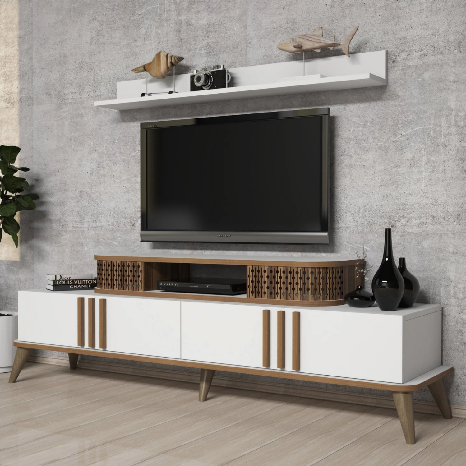 TV kombinirano pohištvo FH9515.03 iz melamina v beli in orehovi barvi 168x39x51.6Hcm