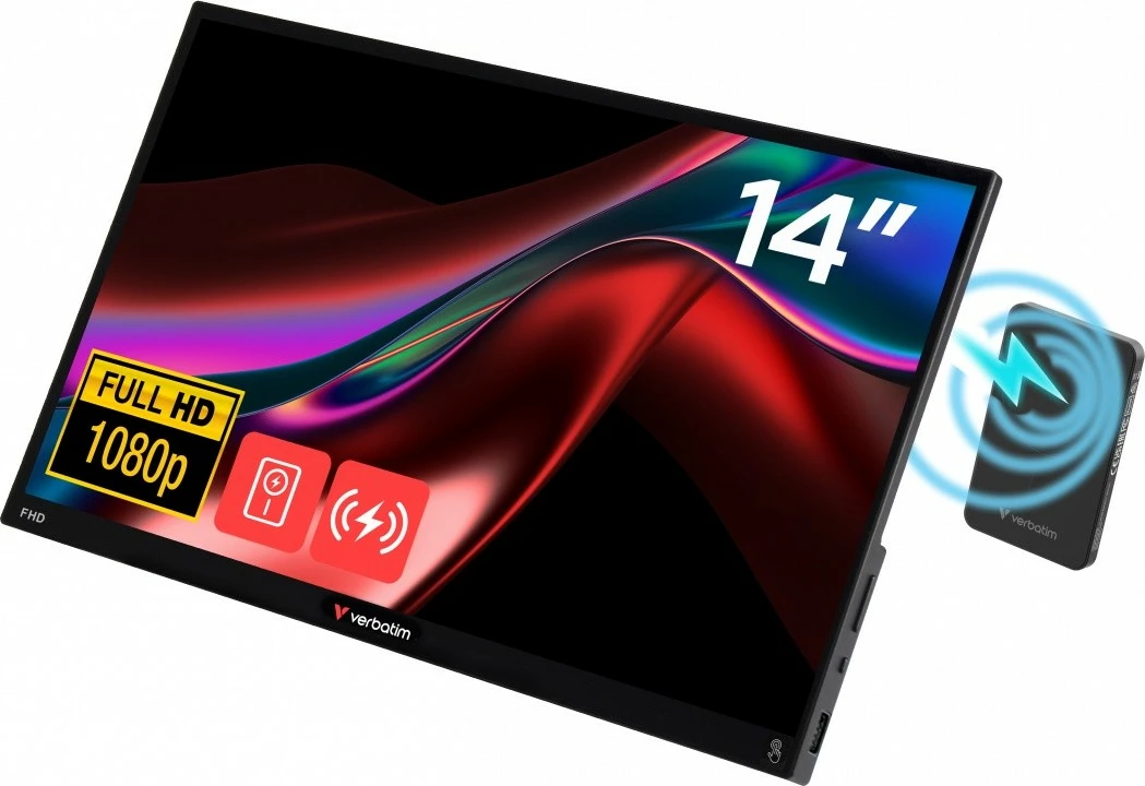 Prenosni zaslon na dotik 14" FHD IPS, Verbatim GMVE32088PLG Light, 60 Hz, 10-točkovni dotik, 2x USB-C + HDMI, vgrajeni zvočniki, z power bank 5000 mAh, črn
