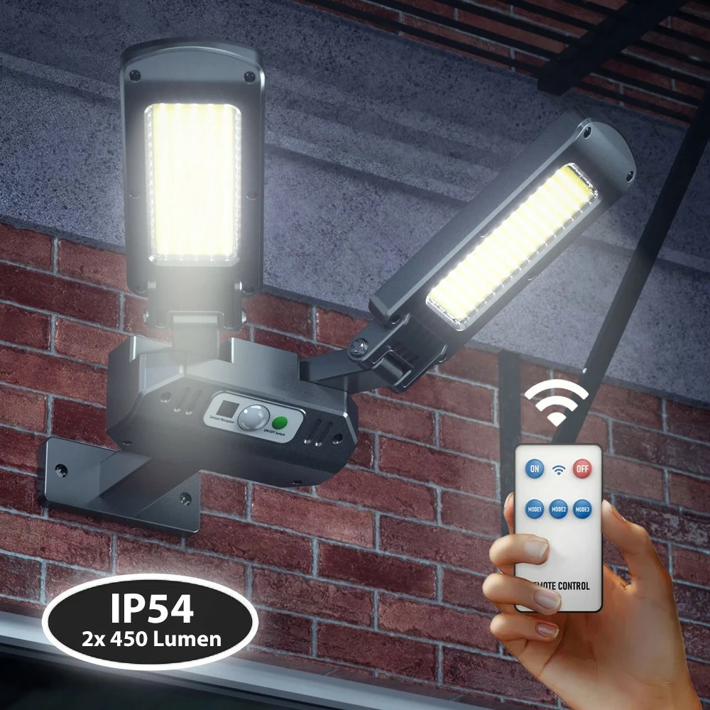 Solarnapoljska LED svetilka z gibanjem in daljincem Maclean MCE447, IP54, 2x450 lm, 6500K