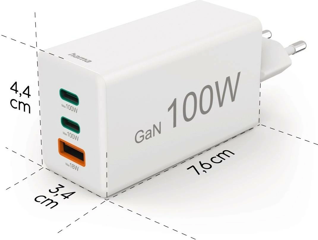 Močilen polnilec 100W Hama, mini GaN, 2x USB-C, 1x USB-A, bel