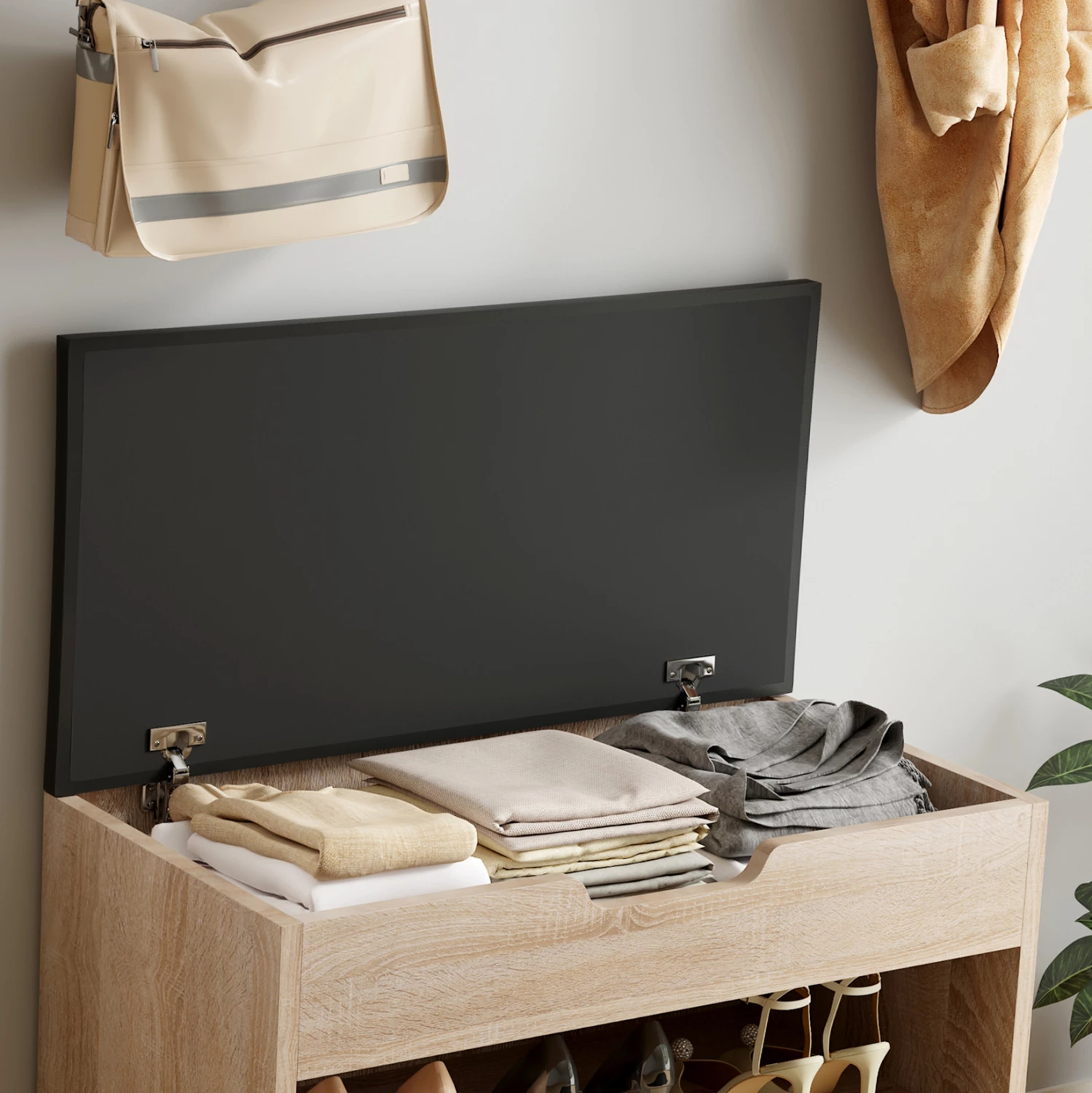 Stojalo za čevlje z sedežem ROMIR FH2477.01 iz melamina v sonoma-rjavi barvi 60x30x44H cm