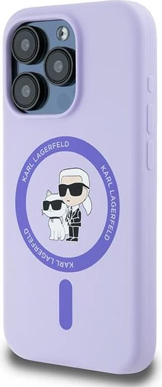 Silikonski ovitek Karl Lagerfeld Karl&Choupette Heads Ring MagSafe za iPhone 15 Pro, vijoličen