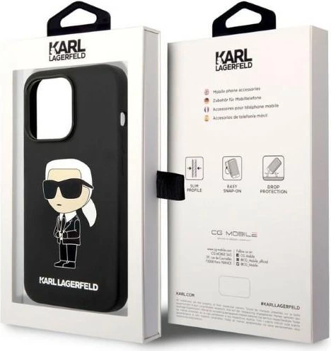 Ikoničen silikonski ovitek za telefon, Karl Lagerfeld za iPhone 14 Pro Max, črn