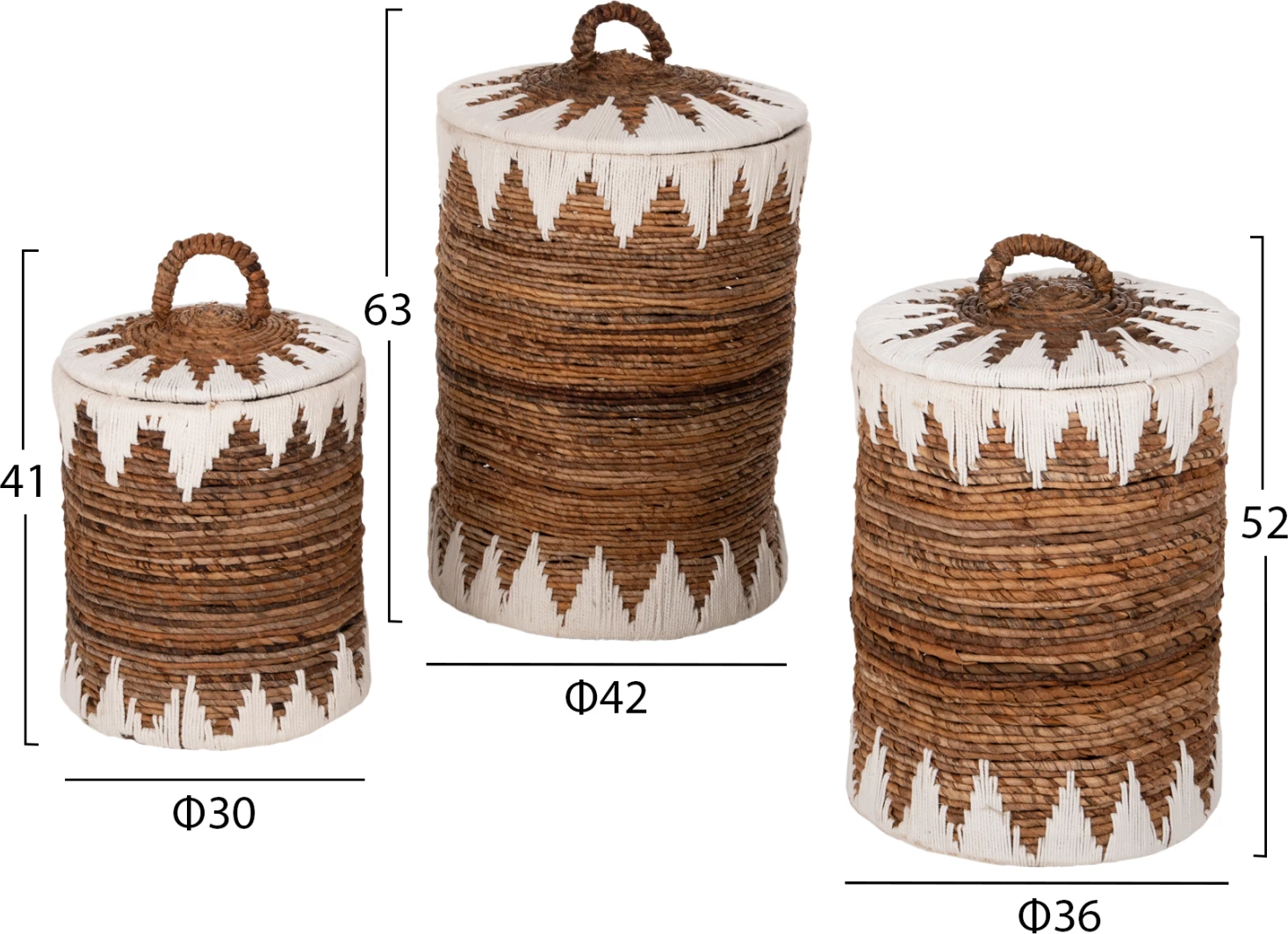 Okrogli košari s pokrovom 3 kosi FH4306 iz rogoza v naravni-beli barvi Φ42x63Hcm