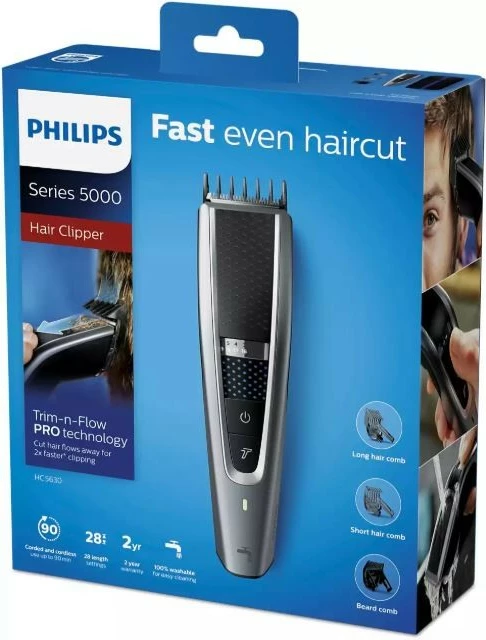 Strižnik Philips HC5630/15, za lase in brado, 90 min, črn/kovinski, komplet dodatkov Strižnik Philips HC5630/15, za lase in brado, 90 min, črn/kovinski, komplet dodatkov