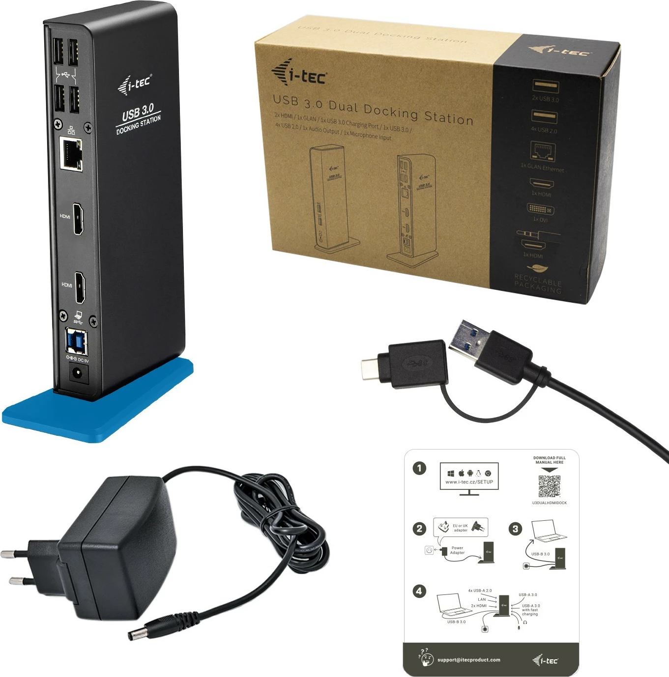 Docking postaja i-tec USB 3.0/USB-C Dual HDMI, Wired, USB 3.2 Gen 1, črna