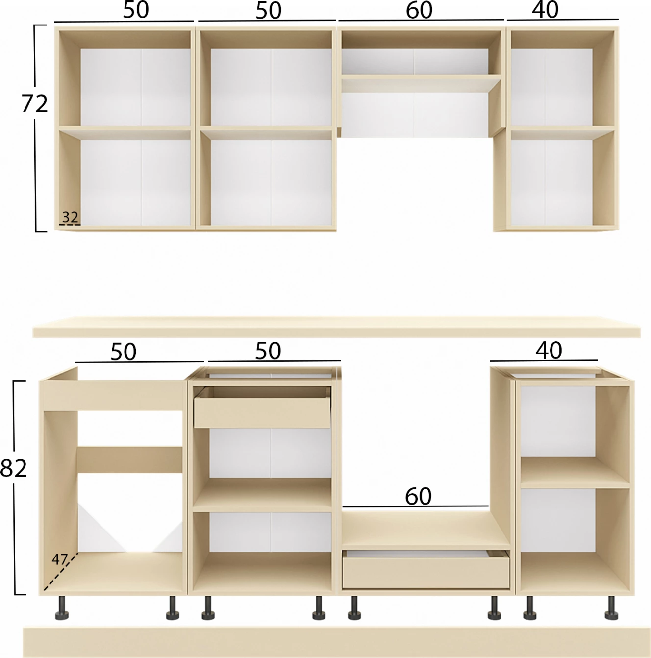 Kuhinjski komplet iz melamina z antracitnim in bež marmornatim videzom vrha 200x47x84,8H cm