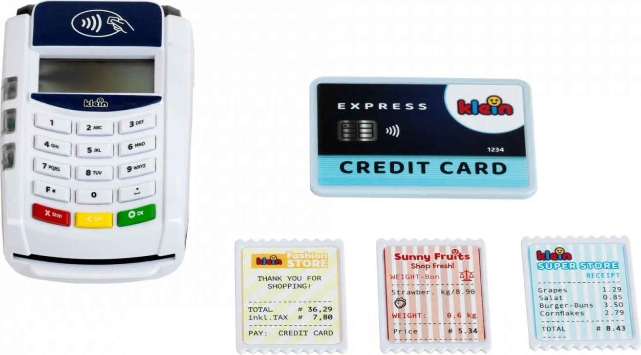 Igračni plačilni terminal Klein 7266, plastika, bel, z igričarsko kreditno kartico in računi