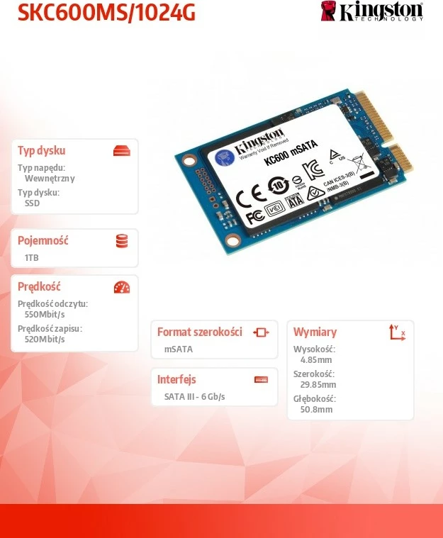 SSD Kingston KC600, 1024 GB, mSATA, modra