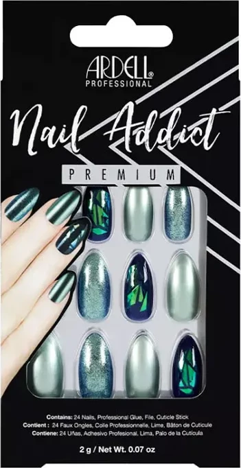 Umetni nohti z zelenim chrome učinkom in bleščicami Ardell Nail Addict, unisex