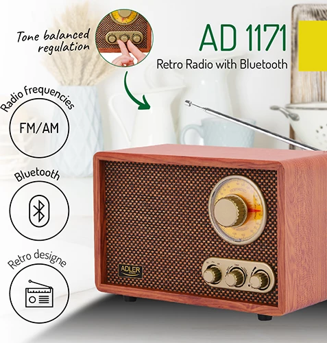 Retro radio Adler AD 1171, Bluetooth 5.0, AM/FM, zvočnik 3.0" 1 W RMS, barva lesa