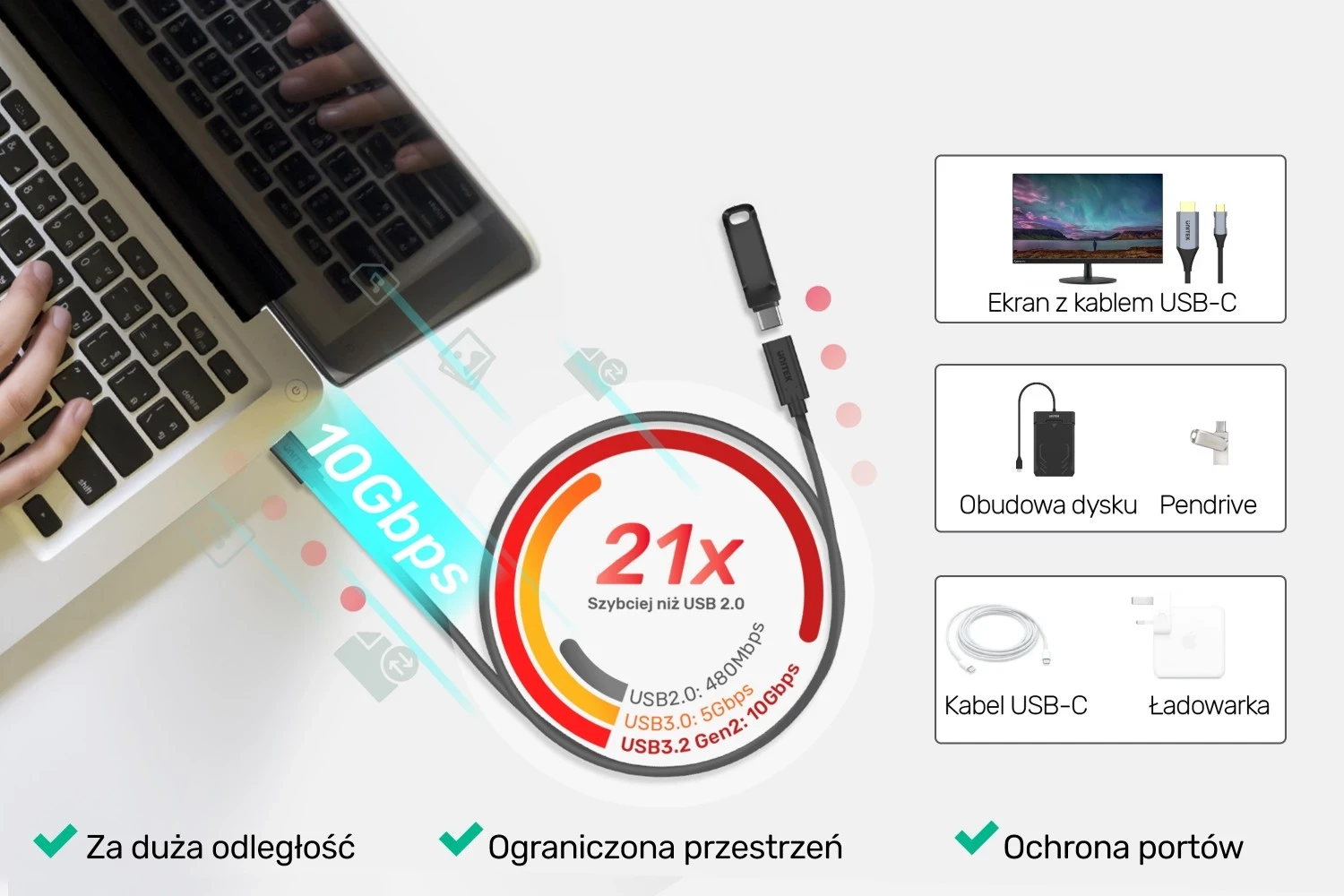 Podaljšek USB-C 10Gbps, 4K, PD 100W, 1,5 m, Unitek, črn