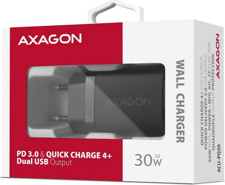 Hitri polnilec AXAGON ACU-PQ30, 30 W, 2 vrata (USB-A QC3.0/4.0 + USB-C PD3.0), črn
