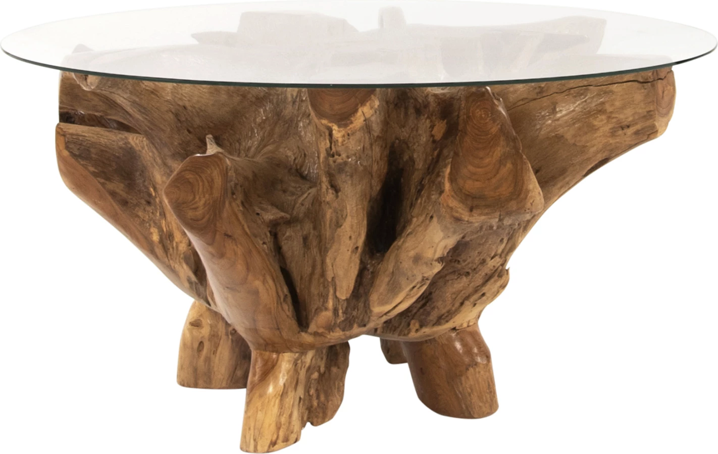Okrogla miza za dnevno sobo iz korenine tika s kaljenim steklom D100x46H cm