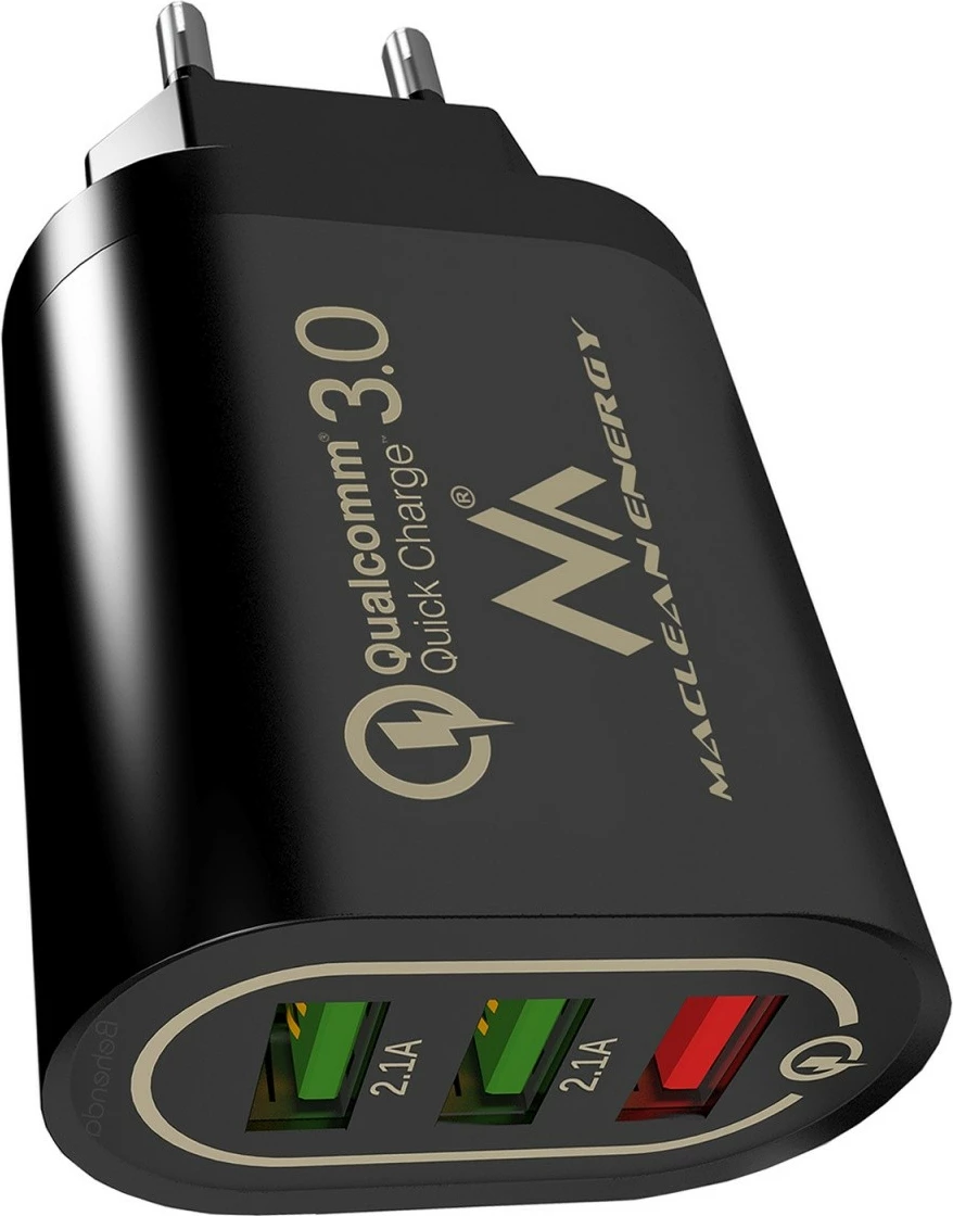 Polnilec za vtičnico Maclean MCE479B, 3×USB, Quick Charge 3.0, črn