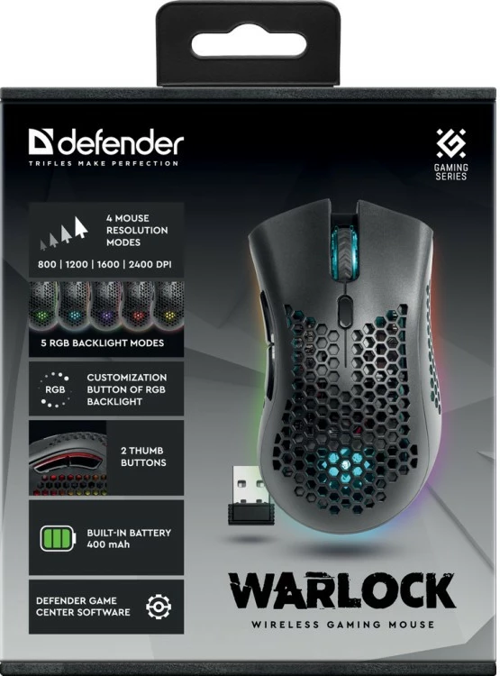 Brezžična igralna miška, Defender Warlock GM-709L, RGB, 2400 dpi, črna