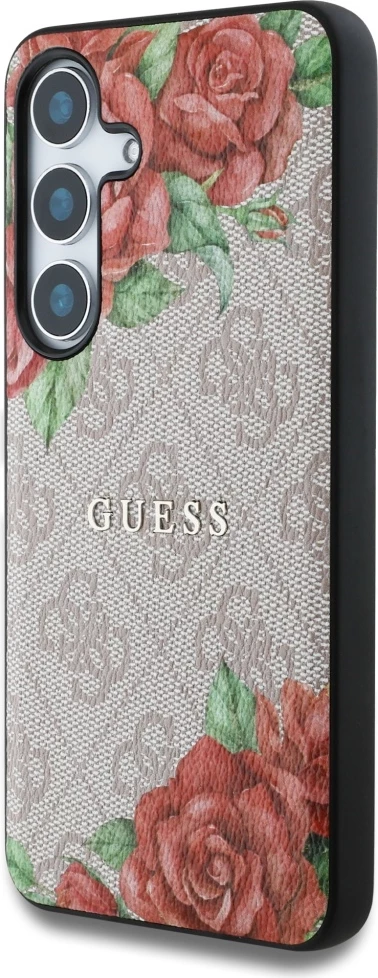 Ovitek za telefon z rožnim potiskom, MagSafe — Guess Leather 4G, kovinski klasični logotip, za Samsung Galaxy S25, rožnat