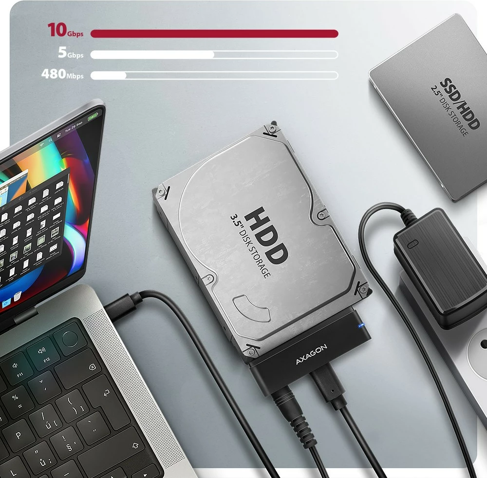 Adapter USB-C na SATA, 10Gbps, za SSD/HDD 2,5"/3,5", z napajanjem, 60 cm kabel, črno AXAGON ADSA-FPX Adapter USB-C na SATA, 10Gbps, za SSD/HDD 2,5"/3,5", z napajanjem, 60 cm kabel, črno AXAGON ADSA-FPX