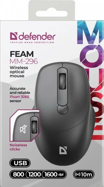 Brezžični miš Defender Feam MM-296 RF, 1600 DPI, črn