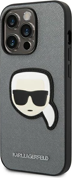 Ovitek za iPhone 14 Pro 6,1" Saffiano Karl's Head Patch, Karl Lagerfeld KLHCP14LSAPKHG, srebrn